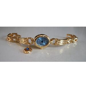 Women's Number Dial Dangling Heart Gold Finish Blue Dial Fashion Fun Watch